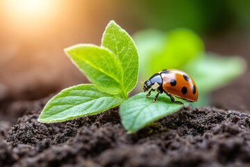 Fototapeta premium Ladybug walking on a small plant growing in fertile soil at sunset