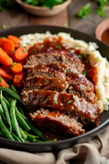 Elegant Presentation of Classic Meatloaf with Creamy Mashed Potatoes and Roasted Vegetables