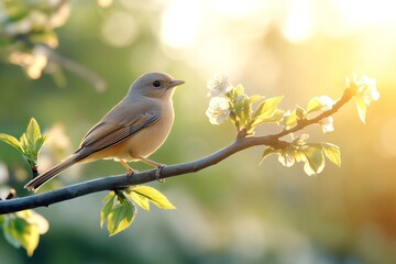 Fototapeta premium Bird perching on flowering branch at sunset in spring