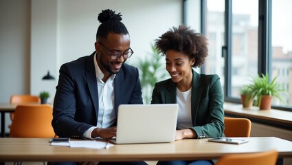Business people collaborating in a meeting with laptops and discussing ideas in an office