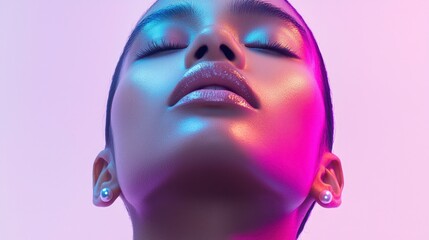 Serene Face  Glowing Skin  Pink   Purple Light  Minimalist Beauty  Closeup Portrait