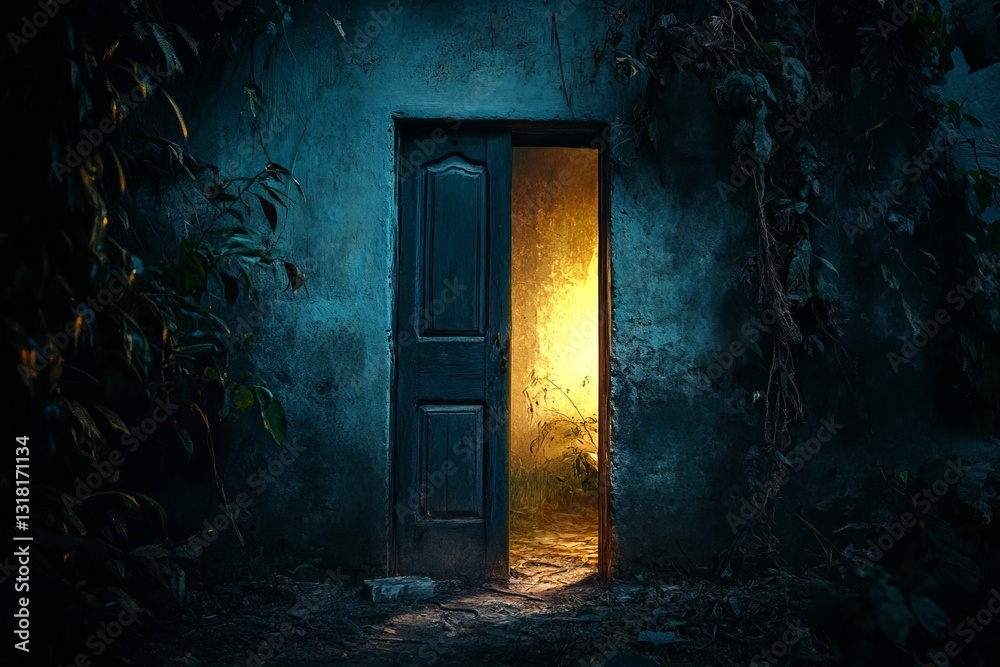 Canvas Prints a door is open in a dark room with a light shining through it. scene is eerie and mysterious