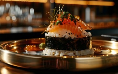 Surreal Iridescent Sushi Dish on Golden Reflective Plate