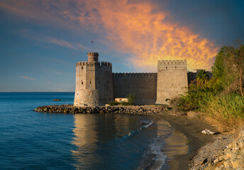 Morning at Mamure Castle. It is a historic medieval castle on the Mediterranean coast. Anamur district, Mersin province, Turkey country 