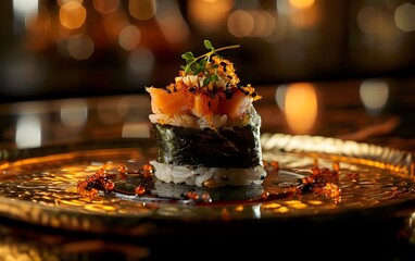 Surreal Glowing Opalescent Translucent Sushi Dish on Shimmering Golden Reflective Plate