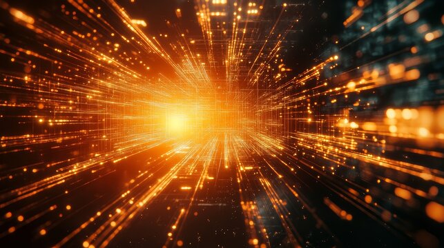 A bright orange light is shining through a dark room. The light is so bright that it is almost blinding. The room is filled with a lot of small