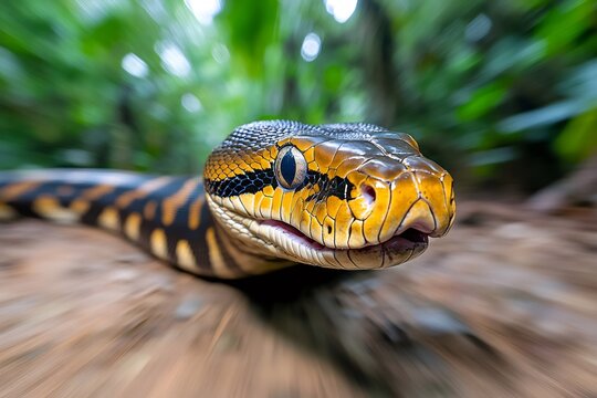 Carpet python slithering on the ground in the jungle