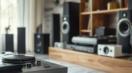 A cozy audio setup featuring a turntable in the foreground, surrounded by stylish speakers and sound equipment, creating a perfect space for music lovers.