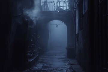 A captivating alleyway shrouded in fog and darkness, illuminated by soft light. The scene evokes a sense of mystery and solitude perfect for storytelling.