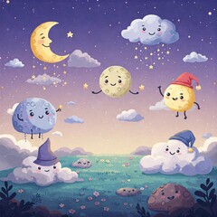 Whimsical Celestial Dreamscape: A charming illustration of a night sky filled with smiling celestial bodies, creating a dreamy and comforting atmosphere. 