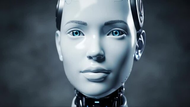 A Futuristic Female Robot with Luminous Blue Eyes, Smooth White Surface, and Intricate Cybernetic Details, Embodying Advanced AI Technology in a Modern Digital Atmosphere