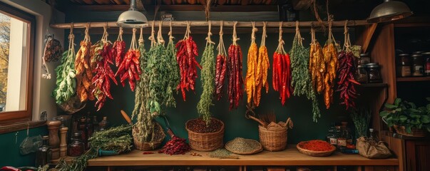 Fototapeta premium Colorful Display of Dried Peppers and Herbs in Rustic Kitchen Setting