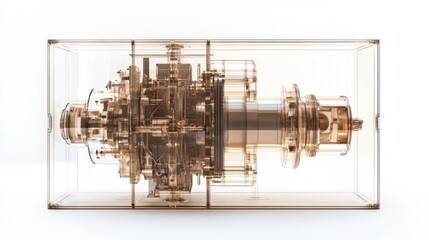 Transparent box showcasing intricate machinery's internal components, gears, and mechanisms.