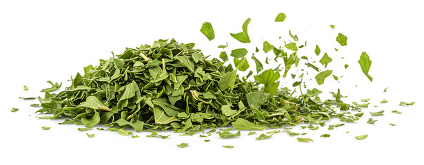 Obraz premium Chopped dry parsley leaves flying, isolated on white, clipping
