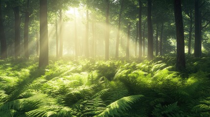 Obraz premium Sunlight streaming through the trees in a lush green forest