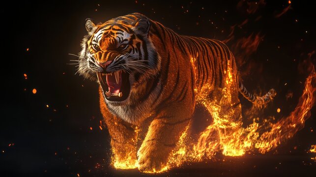 Fiery tiger charging, dark background, wildlife imagery