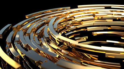 Abstract Golden Spiral Composition With Reflective Metallic Surfaces On Black Background