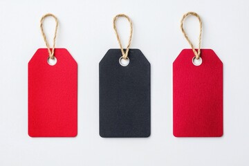 Three colorful tags are displayed on a neutral background, featuring red and black colors with twine loops for hanging.