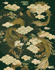 The dragons are rendered in vibrant colors, primarily red,  green and gold, with intricate details highlighting their scales, claws, and flowing manes. They are positioned diagonally across the image.