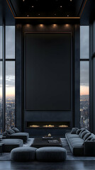 Dark Modern Living Room with Large Blank Canvas and City View at Dusk