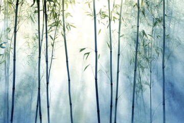 Green bamboo forest growing in morning mist with sunlight