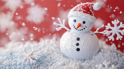 Cute Snowman with Red Hat in Snowy Setting