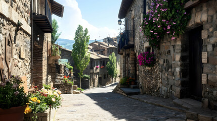 Fototapeta premium A Picturesque Stone Street With Colorful Flowers In A Medieval Village With Rustic Houses Under The Sunny Summer Sky