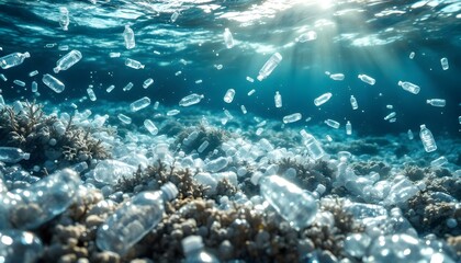 Fototapeta premium Plastic debris floating in the ocean, highlighting the urgent issue of pollution on World Environment Day