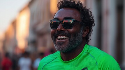 Fototapeta premium Happy Man in Sunglasses Green Shirt City Street