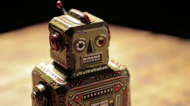 An Enigmatic Vintage Tin Robot Toy with Distinctive Features and Playful Design Displayed in a Softly Lit Setting, Capturing Nostalgia from a Bygone Era