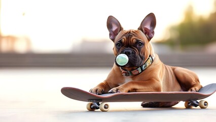 A French Bulldog lying on a skateboard with a bubblegum bubble in its mouth. Concept French Bulldog, Skateboard Fun, Bubblegum Bubble, Adorable Pets, Quirky Poses