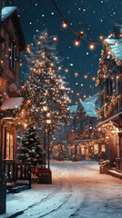 Snowy Christmas street with decorated buildings and trees