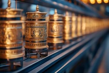 Row of golden Tibetan prayer wheels standing in Buddhist temple