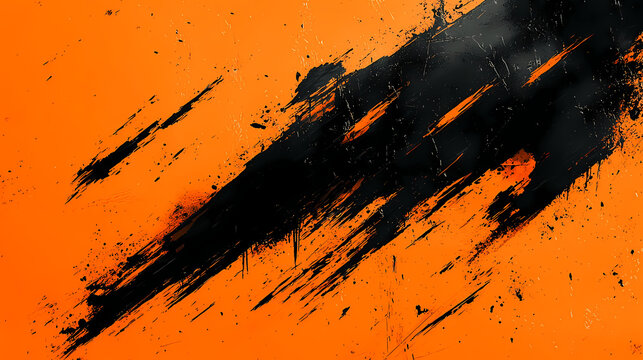 Fototapeta Abstract Orange and Black Strokes: This image features dynamic black brushstrokes slashing across a vibrant orange surface, creating a striking contrast that evokes a sense of energy and modern art.