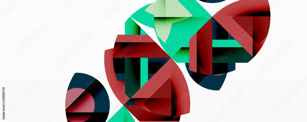 Poster Abstract geometric composition with interlocking circular and angular shapes, featuring smooth gradients and sharp contrasts on a white background