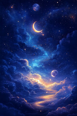 Celestial Pathway: A surreal depiction of a luminous pathway through a starry night sky. The moon and planets cast an ethereal glow amidst the clouds. 