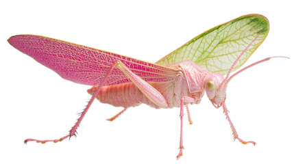 A vibrant pink grasshopper with translucent wings perched elegantly. transparent background