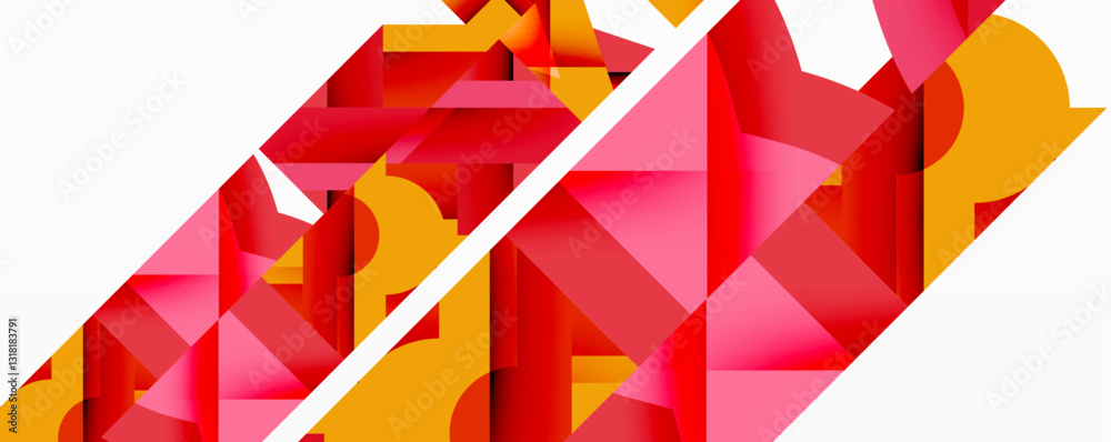 Poster Abstract geometric composition with interlocking circular and angular shapes, featuring smooth gradients and sharp contrasts on a white background