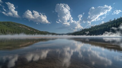 Fototapeta premium Yellowstone Lake's serene sunrise reflection