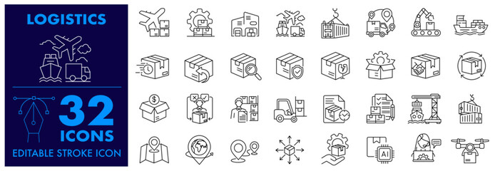 Logistics icon set with business, goods, Shipping, Consumption, customer, corporation, supplies, supplier and transportation supply chain, cargo ship, conveyor, warehouse, Editable Stroke Icons.
