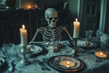 A playful skeleton sits at an elegantly set Halloween dinner table, illuminated by flickering candles, creating a chilling yet festive atmosphere perfect for seasonal celebrations.