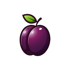 Purple Cartoon Plum Illustration with Leaf on a White Background