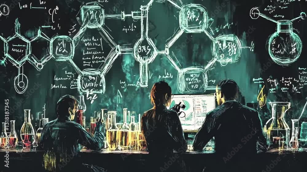 Poster chemical analysis and data processing in a laboratory environment involving scientists at work, chem