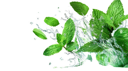 "A collection of mint leaves splashing gracefully into water, isolated on transparent background, creating a refreshing visual effect."