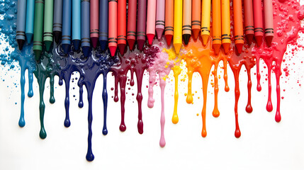 Melted crayons dripping on white canvas creating a colorful abstract design with glossy texture