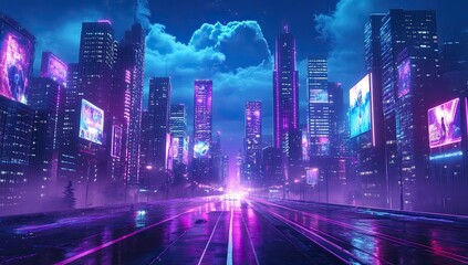Neon city street at night, rain, futuristic