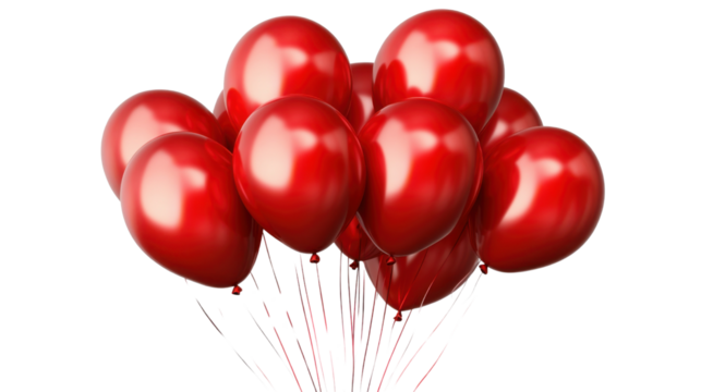 "A cluster of bright red balloons, isolated on transparent background, capturing the essence of joy and party atmosphere