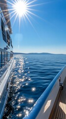 Yacht cruising sunny sea, island background