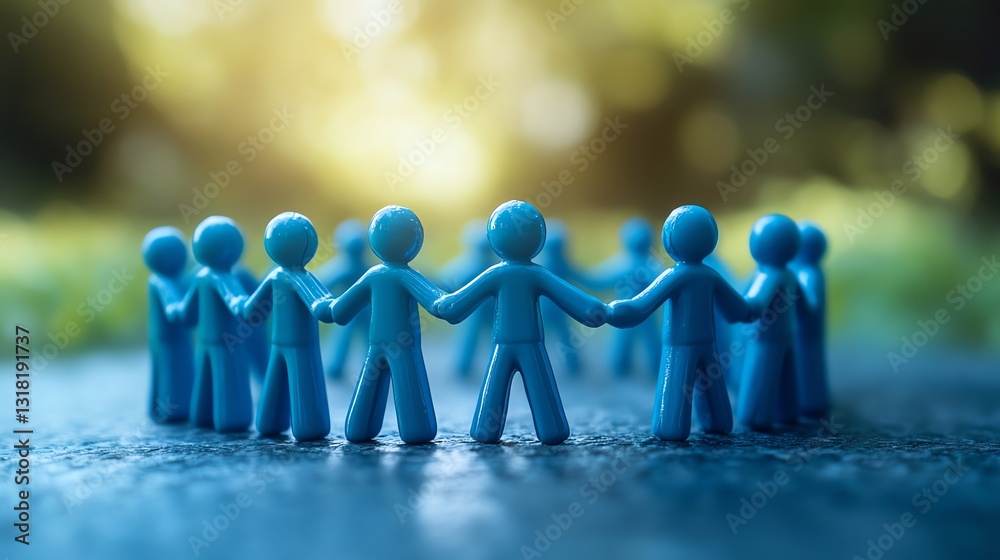 Poster blue figurines forming a connected circle, hands linked, symbolizing teamwork and unity, supportive 