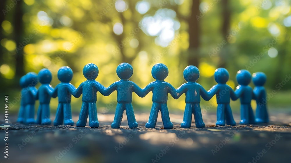 Poster blue figurines forming a connected circle, hands linked, symbolizing teamwork and unity, supportive 